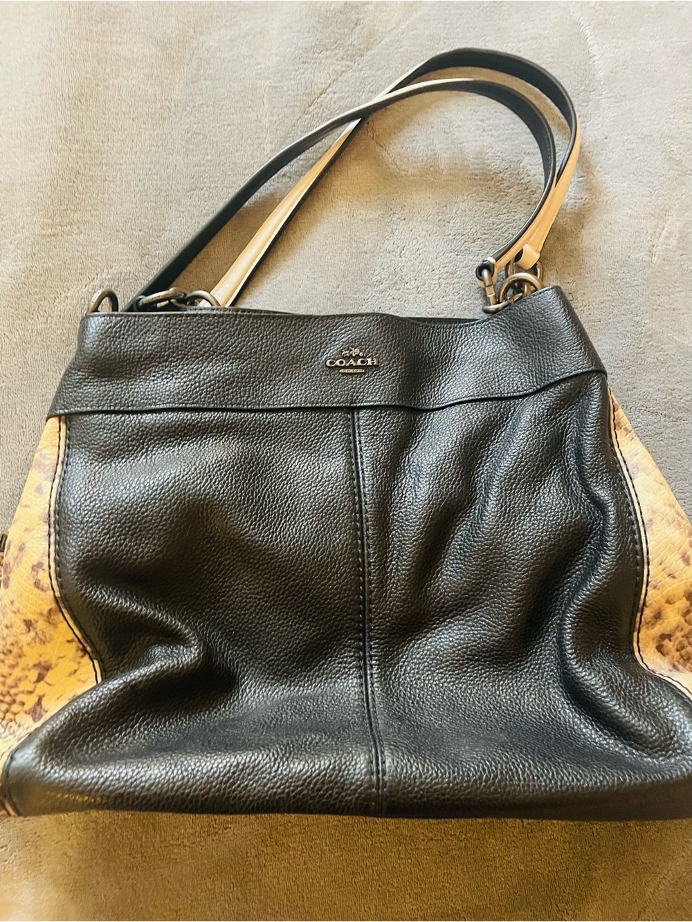 Coach Black Leather Shoulder Bag with Tan Snake-Print Panels